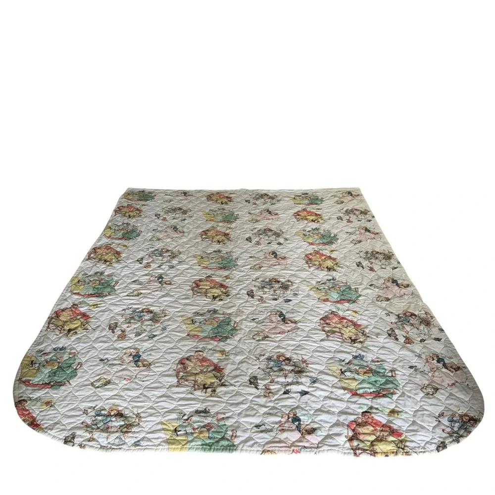 Norman Rockwell Quilt Bedspread Full Queen White Fair Vintage Americana Art